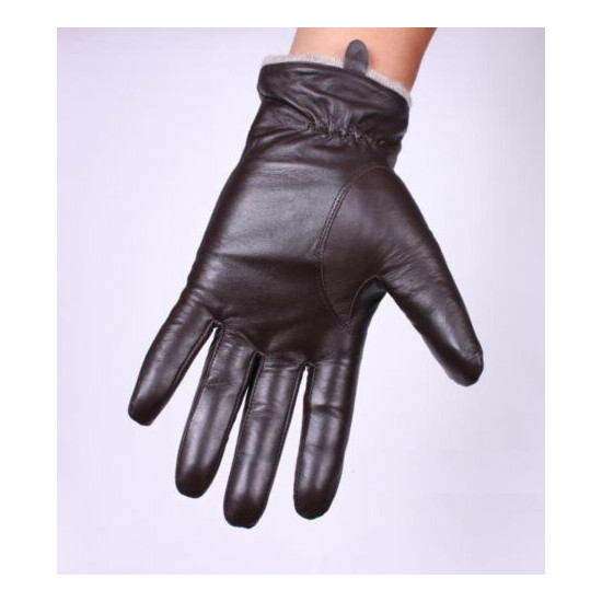 Men's Brown Fashion Genuine Lambskin Leather Wrist Gloves 3 Lines Touch Screen image {3}