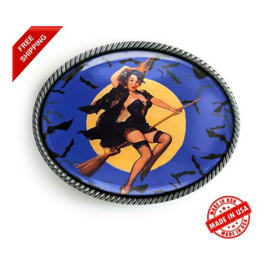Retro Witch Belt Buckle - Vintage Halloween Pin-up Handmade Oval Buckle - 3 image {1}