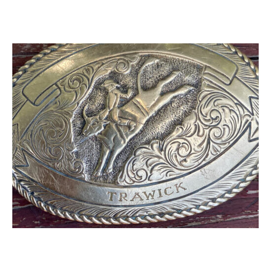 VTG Crumrine El Arturo Bronze Engraved Rodeo Cowboy Bull Riding Buckle TRAWICK Thumb {3}