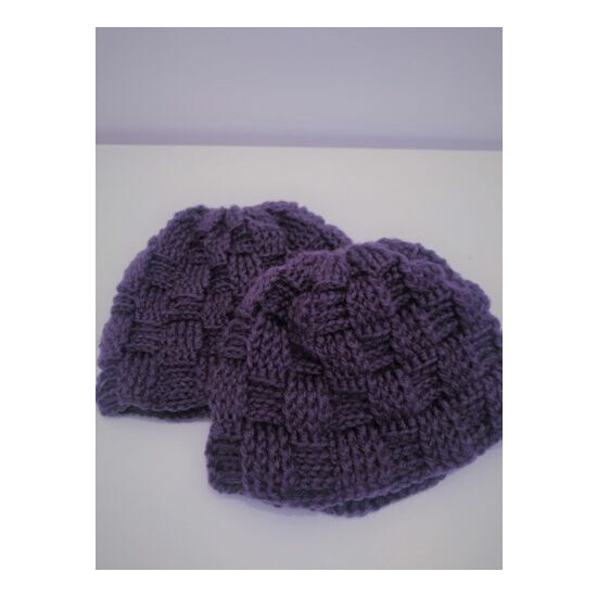 Toddler Crochet Beanie 100% Merino, 5.5" length, Purple Basketweave design image {1}