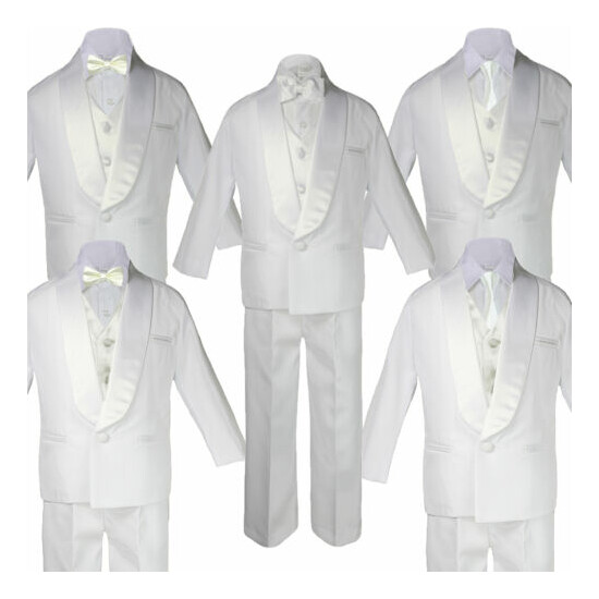 Boy White Shawl Lapel Party Suit Tuxedo to Choose Ivory Satin Bow Necktie Vest image {1}