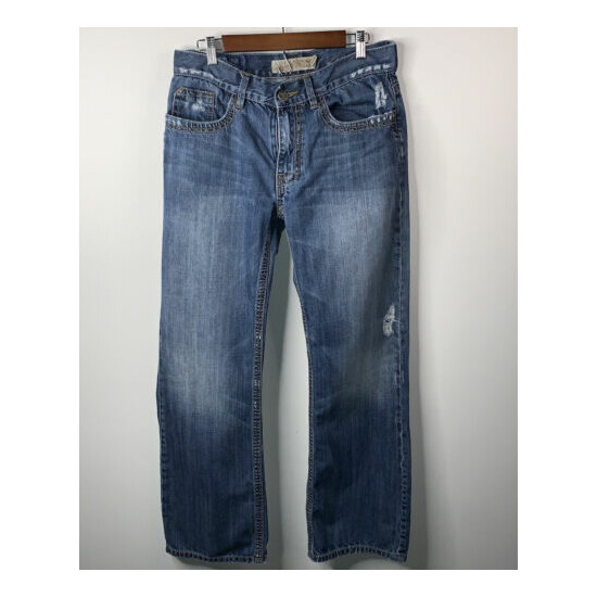 Manchester Ltd Jeans Mens Sz 31R Blue Distressed Fading Flap Pockets image {1}