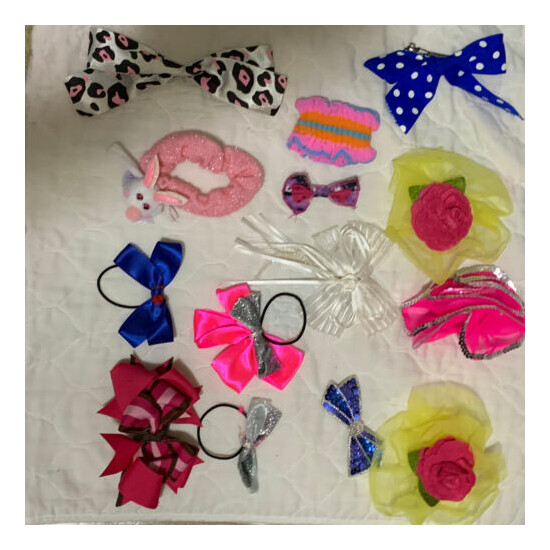 Lot of 14 little girl bows & scrunchies, dance, costume, party,school image {2}