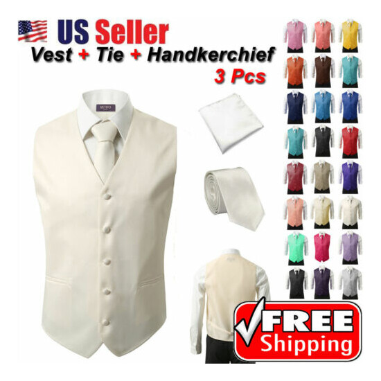 SET Vest Tie Hankie Fashion Men's Formal Dress Suit Slim Tuxedo Waistcoat Coat image {4}
