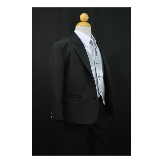 Boy Baby Toddler Kid Teen Formal Wedding Black Silver Suit Tuxedo 5pc Set S-20 image {7}