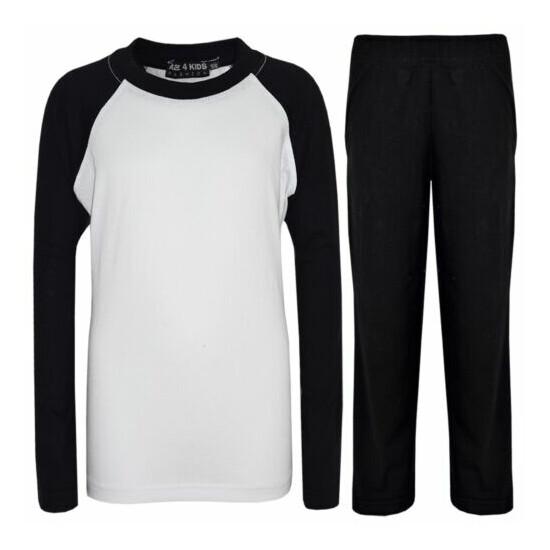 Kids Girls Boys Pyjamas Designer Plain Black Contrast Sleeves Nightwear PJS 2-13 image {1}