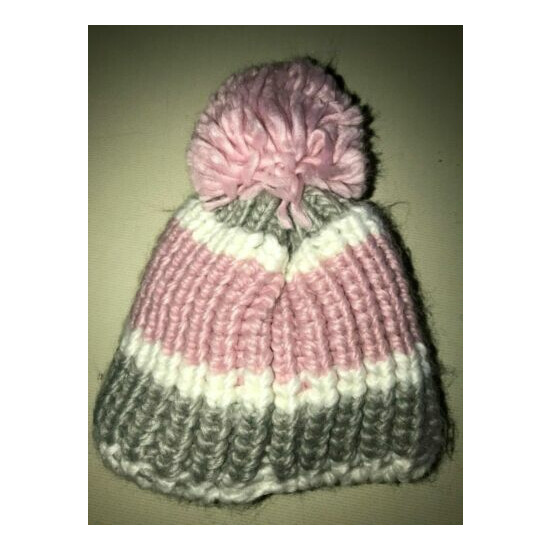 LAURA ASHLEY baby girls 0-12 month THICK KNIT WINTER HAT fleece lined POM POM  image {1}