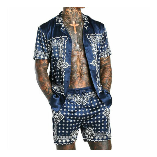 Mens 2-Piece Summer Set Outfit Short Sleeve T Shirts and Shorts Sweatsuit Set image {8}