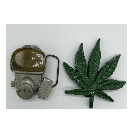 Lot Of 2 Novelty Belt Buckles Marijuana Cannibus Weed/ Gas Mask Both Metal Made image {1}