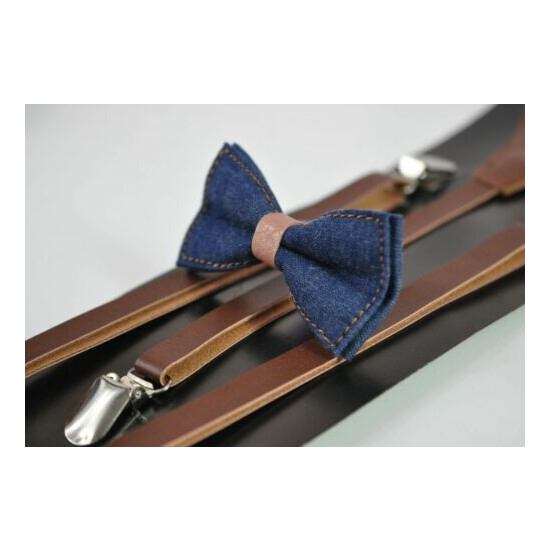 Boy Kids Navy Blue Denim Caramel Faux Leather Bow tie + Brown Leather Suspenders image {1}