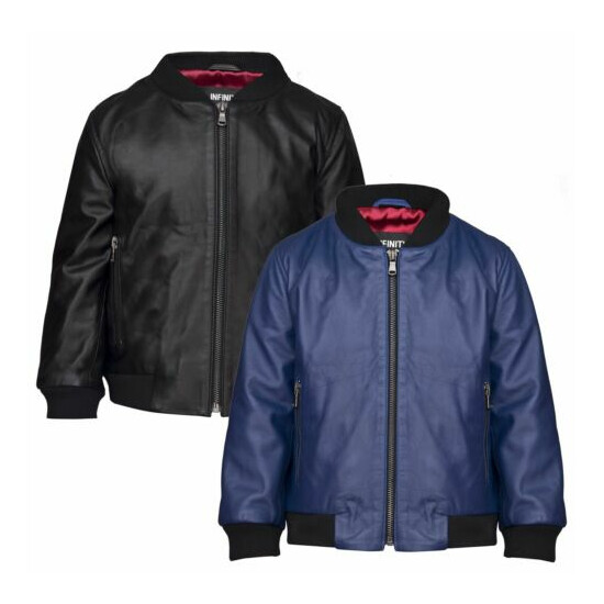 Boys GIrls Kids Unisex Real leather Bomber Style Jacket Varsity Zip Black Blue image {1}