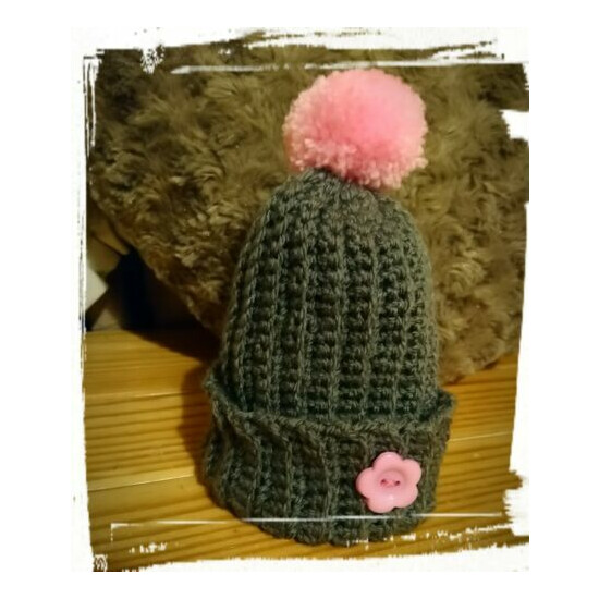 New Handmade Slate Grey & Pink Newborn Or Premature Baby Crochet Pompom Hat image {1}