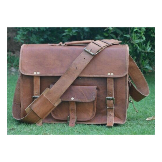 Vintage Goat Leather messenger Real satchel bag genuine Laptop brown briefcase  image {1}