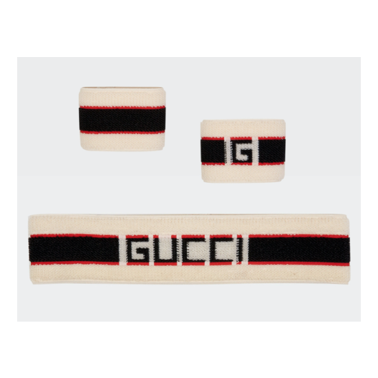 NWT Gucci Logo Stripe Web Stretch Sweatband Headband Wristband Cuff Set w/ Box image {1}