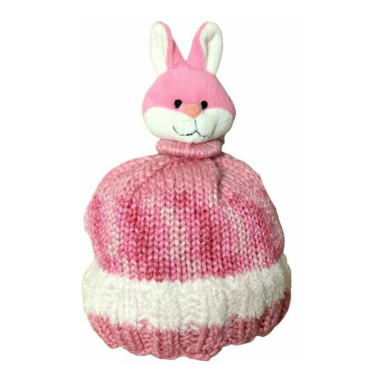 Handknit Craftcore Girls Hats Pink & White Bunny Neutral with Silk Bow 2 Lot image {4}