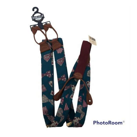 Double Play Genuine Button Suspenders In Teal With Bow Tie Design image {1}