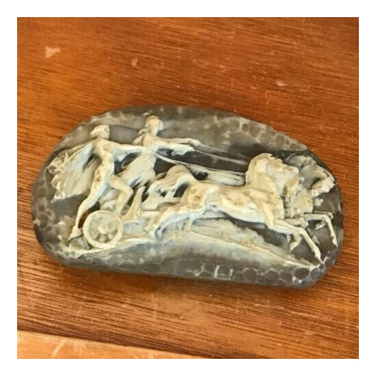 Vintage Large Carved Cream & Brown Resin Woman and Man Chariot Horses Belt Buckl image {2}