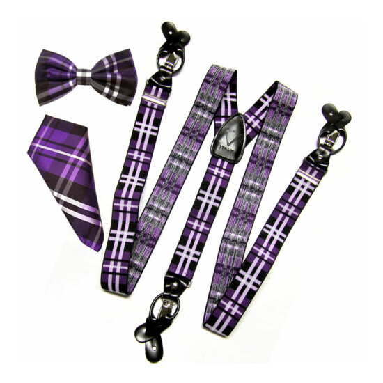 New Y back Men's Vesuvio Napoli Suspenders Bowtie Hankie Plaid Purple Black image {2}