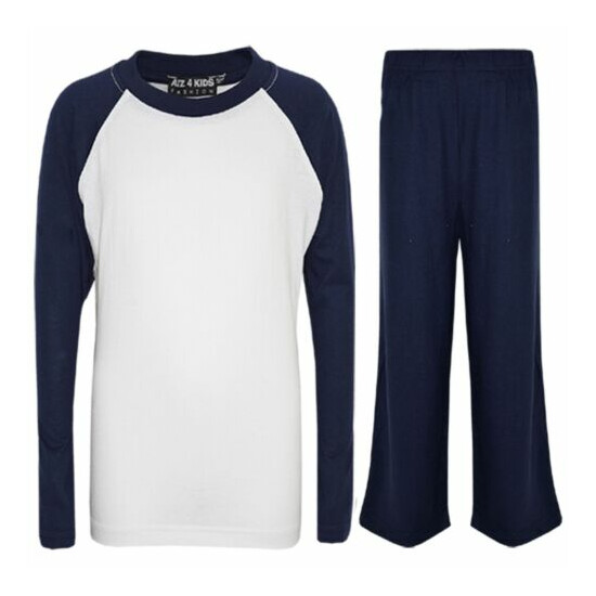 Kids Girls Boys Pyjamas Designer Plain Navy Contrast Sleeves Nightwear PJS 2-13Y image {1}
