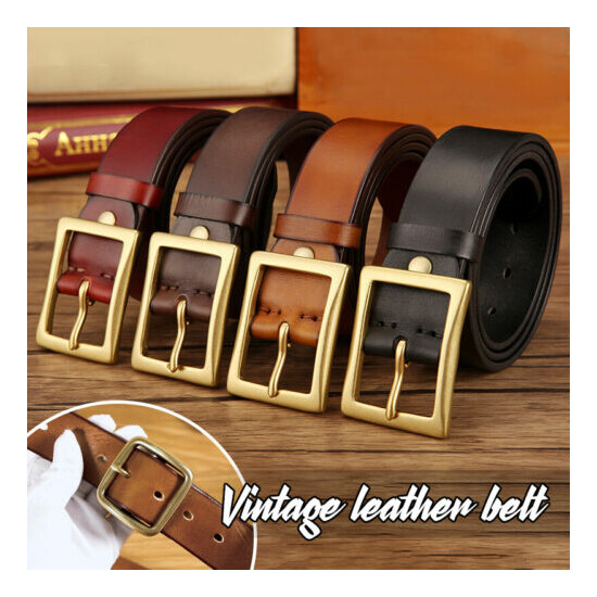 Men Luxury Genuie Leather Belt Retro Cowhide Waistband Copper Buckle Handmade image {1}