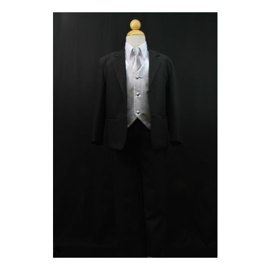 Boy Baby Toddler Kid Teen Formal Wedding Black Silver Suit Tuxedo 5pc Set S-20 image {8}