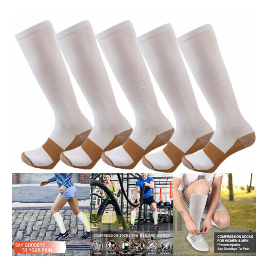 5 Pairs White Compression Socks 20-30mmHg Graduated Support Mens Womens S/M-XXL image {1}