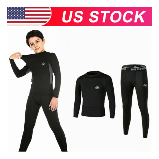 Kids Thermal Underwear Two Piece Long Sleeve Compression Base Layer 6-17 Years U image {1}