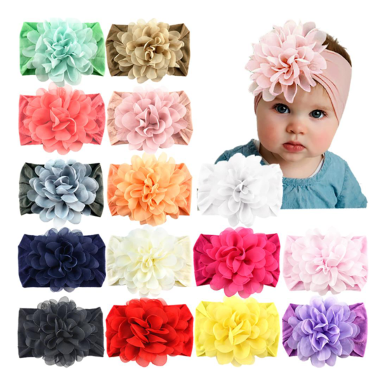 15 Pack Baby Nylon Headbands Hairbands Hair Wraps Big Chiffon Flower Elastics fo image {1}