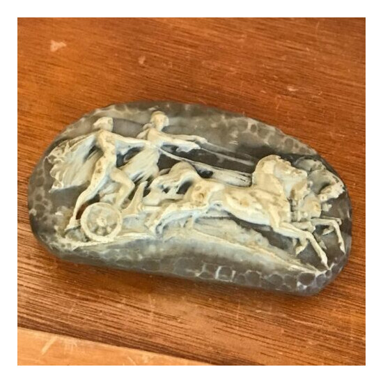 Vintage Large Carved Cream & Brown Resin Woman and Man Chariot Horses Belt Buckl image {1}