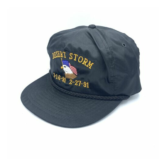 VINTAGE 90's Desert Storm Embroidered StrapBack Black Nylon NISSIN Hat Cap image {1}