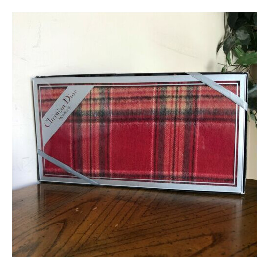 Vintage Christian Dior Monsieur 100% Merino Wool Scarf Red Plaid 12"x56" New Box image {1}