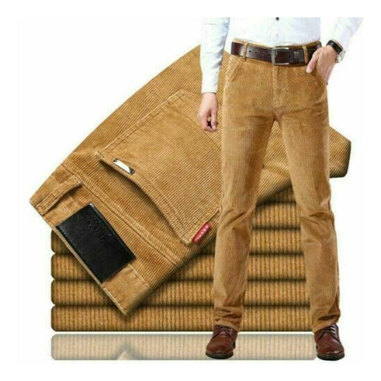 Men's Casual Business Pants Corduroy Straight Stretch Trousers Plain Slim Fit  image {3}