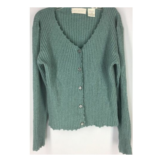 Girl's 7/8 KC PARKER Sweater Cardigan SAGE GREEN V Neck Ribbed Lightweight image {1}