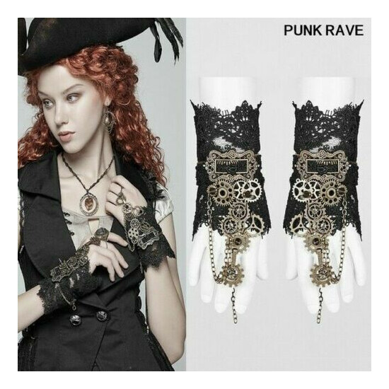 Steampunk Palace noble Metal parts Club Black Fingerless Transparent Lace Gloves Thumb {1}