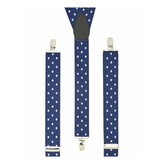 Polka Dot Navy Blue Trouser Braces Elastic Suspenders made in England image {1}
