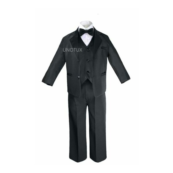 7pc Baby Kid Teen Boy Formal Wedding Black Suit Tuxedo + Satin Vest Bow Tie S-20 image {2}