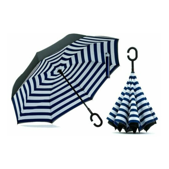 Siepasa Double Layer Inverted Umbrella with C-Shaped Handle Stripes / Navy Blue image {1}