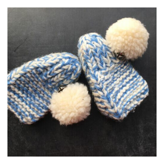Handmade Vintage Knit Yellow Mittens and Blue Pom Booties Slippers image {6}