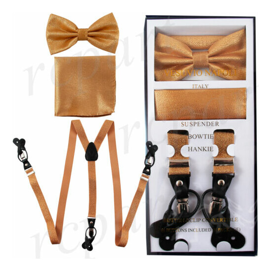 New in box Men's Convertible Elastic Strap glitter gold Suspender_Bowtie Hankie image {1}