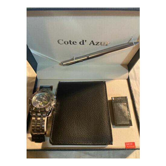 Cote d' Azur Mens Silver Tone Quartz Watch Set Pen Wallet Money Clip Holder Thumb {2}
