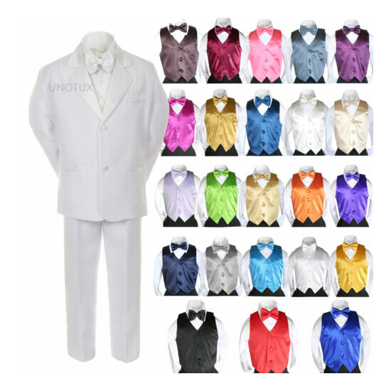 Baby Boy Formal Wedding Party 7PC White Tuxedo Suit Color Pick Vest Bow Tie S-7 image {1}