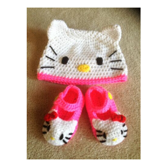 Hand Crochet Baby Hello Kitty Hat Beanie and Booties - NEW image {2}