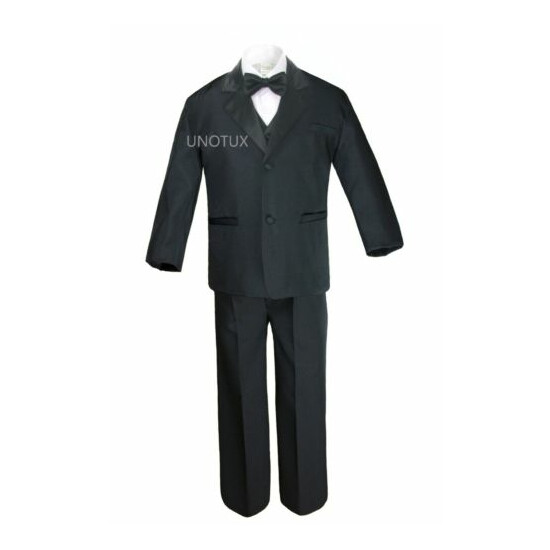 7pc Baby Kid Teen Boy Formal Wedding Black Suit Tuxedo + Satin Vest Bow Tie S-20 image {3}