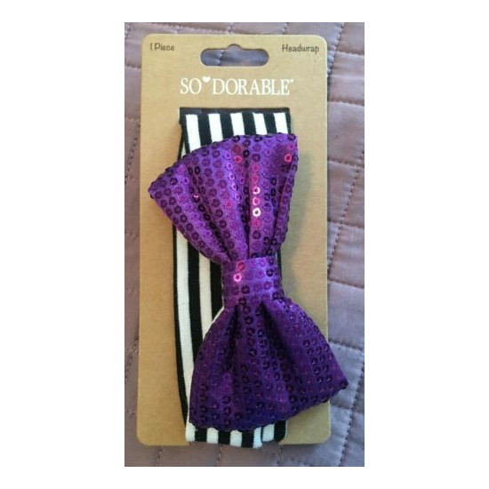 Infant Baby Halloween 1 Piece Headwrap Black White Stripes Purple Sequined Bow image {2}