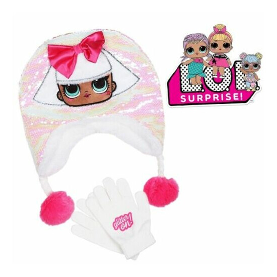 LICENSED Girl's L.O.L. Surprise! Pom Pom Sequins Glitter Winter Hat Gloves Set image {1}