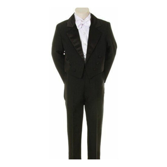 Infant Toddler Boy Formal Tuxedo black/wht vest brocade 5 pc Suit set size S-20 image {2}