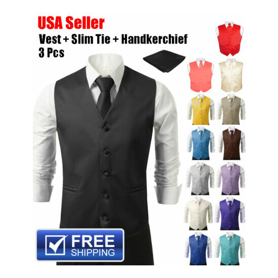 SET Vest Tie Hankie Fashion Men's Formal Dress Suit Slim Tuxedo Waistcoat Coat image {1}