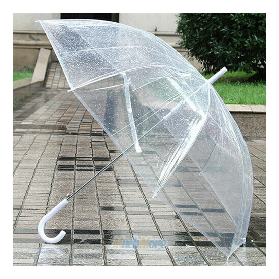46" Semi-Automatic Transparent Clear Umbrellas Long Handle Wedding Party Favor image {2}