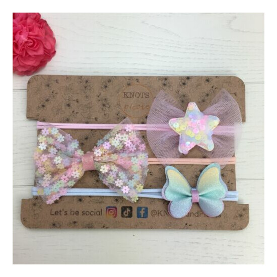 3pcs Pastel Rainbow Baby Headbands New Born Toddler Tulle Bows Glitter Butterfly image {1}