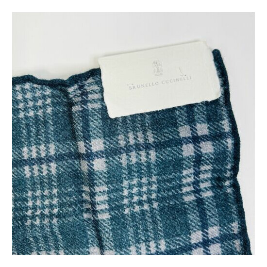 NWT Brunello Cucinelli Green Blue & Gray Plaid Wool Pocket Square image {3}